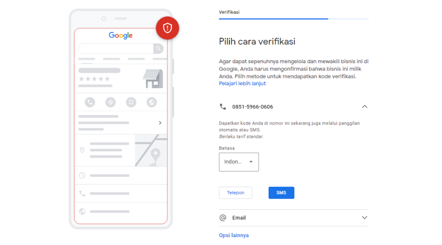 memilih cara verifikasi Google Bisnisku