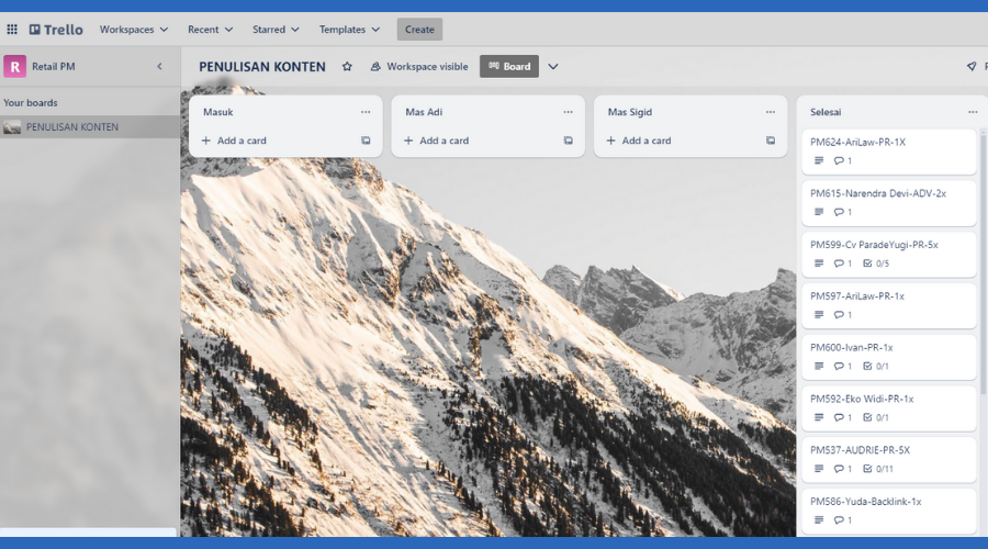 contoh tampilan dasbor Trello untuk manajemen konten