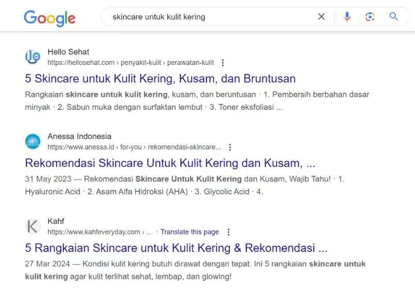 serp keyword skincare untuk kulit kering