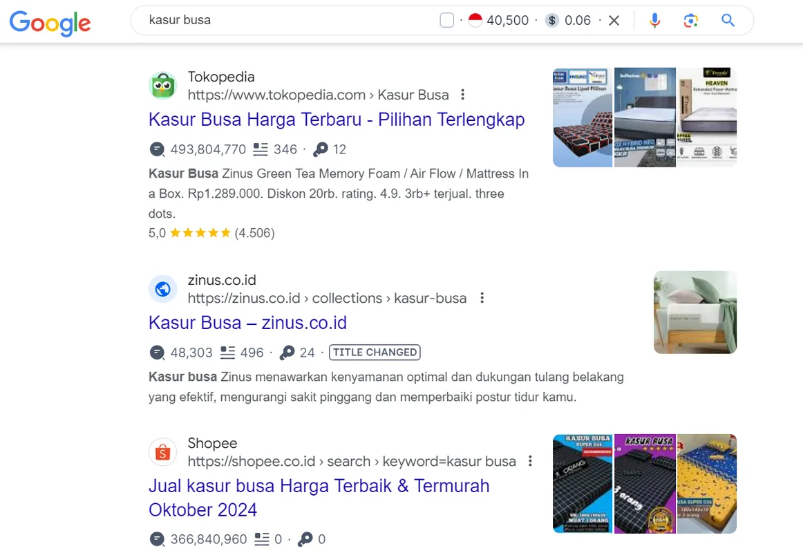 search intent keyword kasur busa